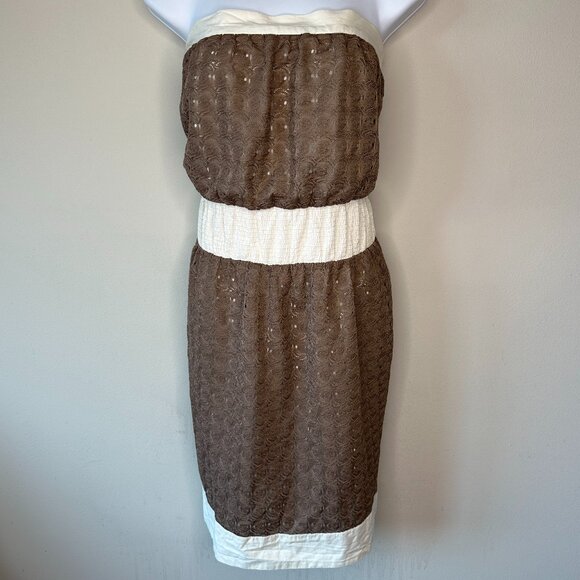 NWOT To The Max Womens Strapless Eyelet Midi Dress in Brown & Cream Size Medium - Picture 1 of 8